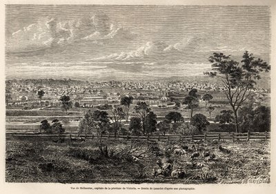 Uitzicht op Melbourne (Australië), tekening door Lancelot, ter illustratie van de herinneringen van een Franse squatter in Australië, in 1854-1859, door M. de Castella. Gravure in 