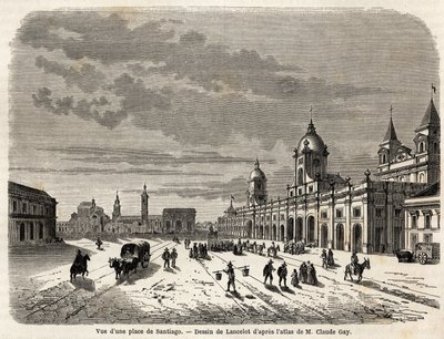 Uitzicht op een plein in Santiago (Chili). Gravure in Le tour du monde, nouveau journal des voyages. door Dieudonne Auguste Lancelot