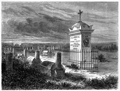 Uitzicht op de Franse Begraafplaats in Peking (Beijing), China. Gravure naar een tekening van Lancelot, in 