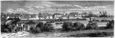 Zicht op de concessie van de Verenigde Staten aan de Huangpu-rivier in Shanghai in 1860, China. Gravure door Lancelot, in 