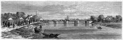 Uitzicht op de brug over de Suzhou rivier nabij Shanghai in 1860, China. Gravure door Lancelot, in 
