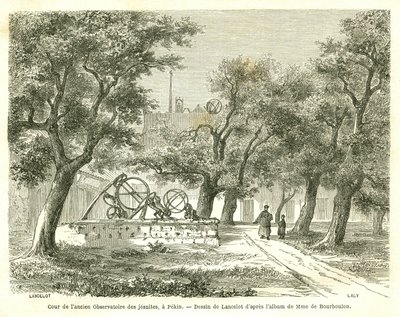 Zicht op de binnenplaats van het voormalige Jezuïetenobservatorium in Peking (Beijing), China. Gravure door Lancelot, in 