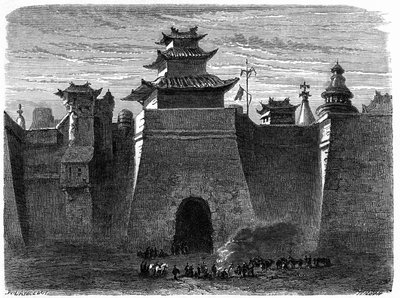 Muren en poort van Peking (Beijing), China. Gravure door Lancelot, in 