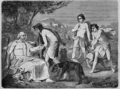 Homerus op het eiland Syros. Gravure uit 1864, naar het schilderij van Maillard. door Diogene Ulysse Napoleon Maillart