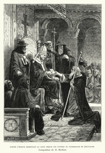 Pierre de Kluizenaar overhandigt paus Urbanus de brieven van de patriarch van Jeruzalem (gravure) door Diogene Ulysse Napoleon Maillart