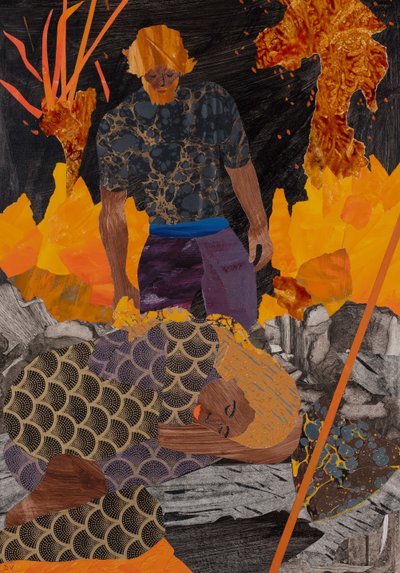 Siegfried vindt Brunnhilde, Ringcyclus van Wagner, 2024 (collage) door Dione Verulam