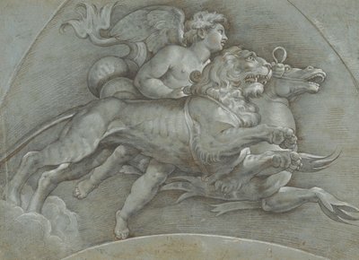 Een gevleugelde putto rijdend op een zeepaard en een leeuw na Raphael, verso, 1574 door Dionisio Calvaert