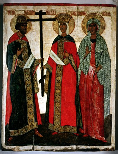 Icoon met SS. Constantijn, Helena en Agatha, Novgorod School, ca. 1500 door Dionisy