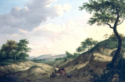 Een bebost landschap met herders en dieren op een rots door Dionys van Dongen