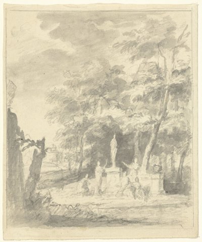 Arcadisch landschap met figuren rond een standbeeld door Dionys van Nijmegen (possibly)