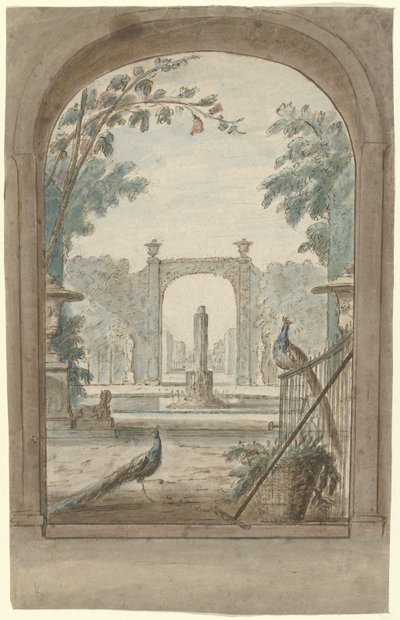 Ontwerp voor een kamerbeschildering met gezicht door een hek op een tuin, pauwen en tuingereedschap door Dionys van Nijmegen (possibly)