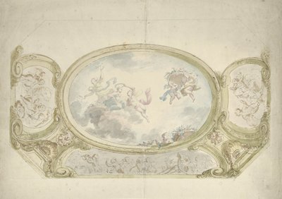 Ontwerp voor een plafondschildering: ovaal met allegorische voorstelling, omringd door scènes met putti door Dionys van Nijmegen (possibly)