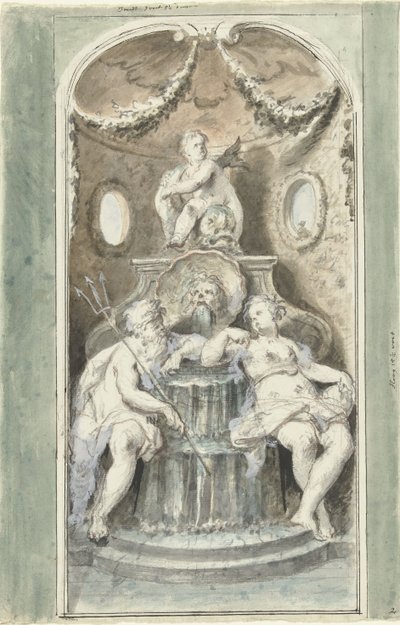 Ontwerp voor een decoratieve schildering met een fontein door Dionys van Nijmegen