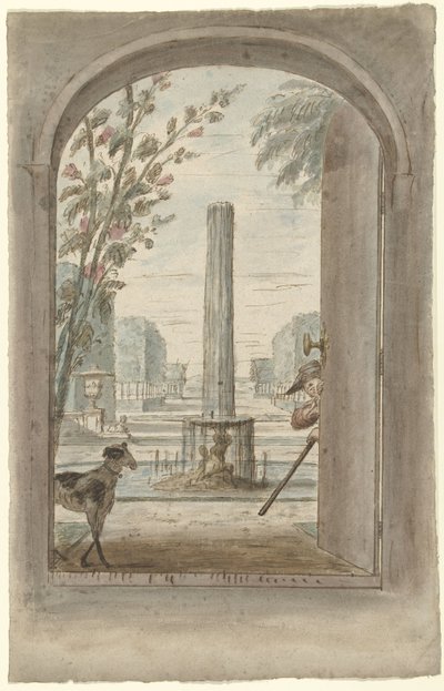 Ontwerp voor een kamerbeschildering met gezicht door een openstaande deur in een tuin met fontein door Dionys van Nijmegen