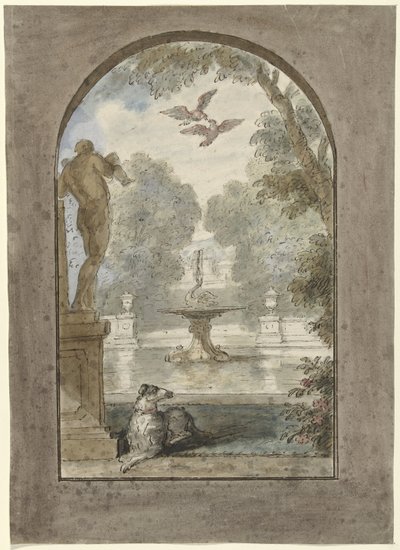 Ontwerp voor een kamerbeschildering met gezicht in een tuin met liggende hond, fontein en standbeeld door Dionys van Nijmegen