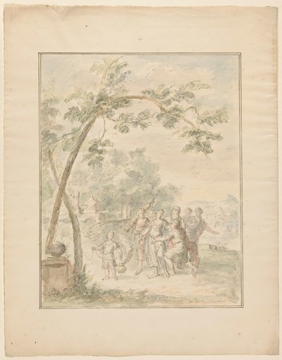 Ontwerp voor een kamerbeschildering van een landschap met een groep personen door Dionys van Nijmegen