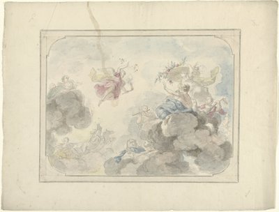 Ontwerp voor een plafondschildering met gezicht in de hemel waar Aurora Duisternis verdrijft door Dionys van Nijmegen