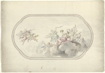 Ontwerp voor een plafondschildering met musicerende vrouwen en putti met bloemenmand als allegorie op Blijdschap door Dionys van Nijmegen
