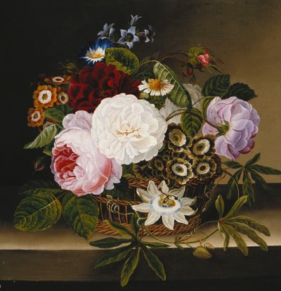 Rozen en andere bloemen in een mand op een richel door Dionys van Nijmegen