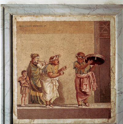 Romeins mozaïek van muzikanten en gemaskerde acteurs in een toneelstuk, Pompeii, Italië door Dioscurides
