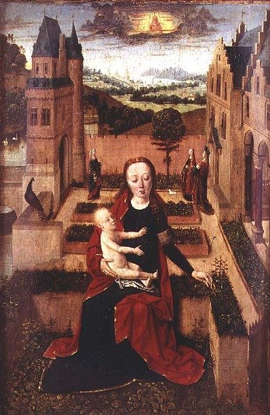 Madonna en Kind zittend op een Muur door Dirck (circle of) Bouts