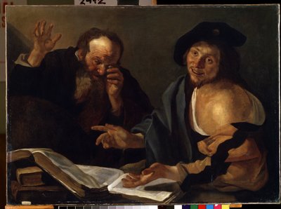 Heraclitus en Democritus door Dirck Baburen van