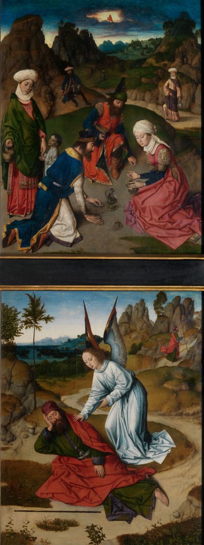 Het verzamelen van het manna en Elia in de woestijn, van het Altaarstuk van het Heilig Sacrament door Dirck Bouts