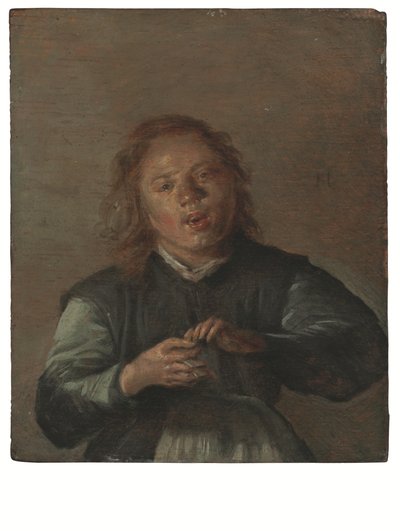 Een jongen die zingt en de klepper bespeelt door Dirck Hals