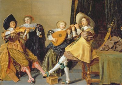 Een elegant gezelschap dat muziek speelt in een interieur door Dirck Hals