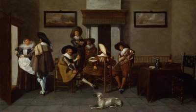 Elegant Geklede Mannen en een Dienstmeisje door Dirck Hals