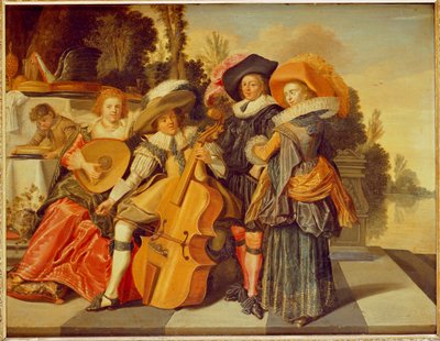 Elegante Figuren die Muziek Maken op een Terras bij een Meer door Dirck Hals
