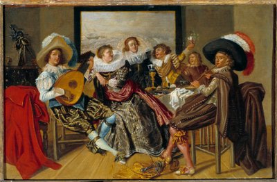 Galante ontmoeting: muzikanten en jonge vrouwen die muziek maken en hun glazen heffen op een feest door Dirck Hals