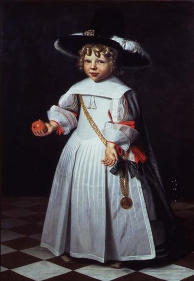 Portret van een jong kind met een sinaasappel door Dirck Santvoort