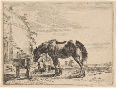 Een Paard Gebonden aan een Voederbak door Dirck Stoop