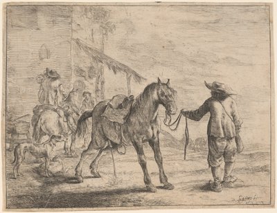 Een Paard dat Plast, Gehouden door een Man door Dirck Stoop