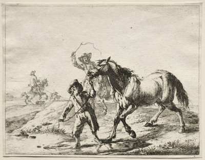 Een jongen brengt een paard naar het water door Dirck Stoop
