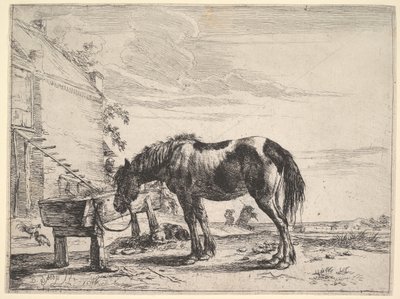 Paard gebonden aan een voederbak door Dirck Stoop