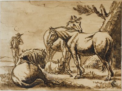 Paarden, geit en een man door Dirck Stoop