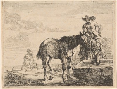 Twee Paarden Drinken bij een Trog door Dirck Stoop
