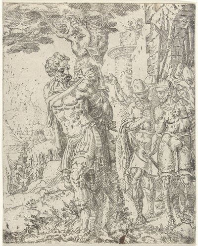 Achior vastgebonden aan een boom door Dirck Volckertsz. Coornhert (attributed to)