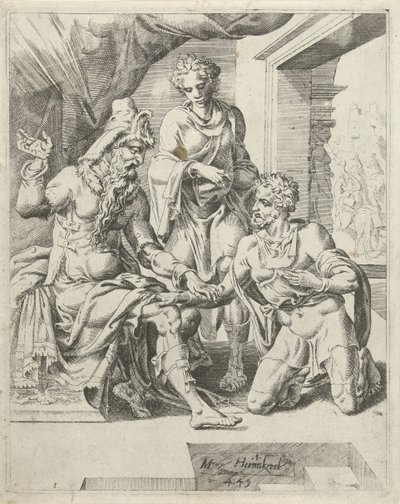 Eliëzer belooft dat hij een vrouw voor Isaak zal vinden door Dirck Volckertsz. Coornhert (attributed to)