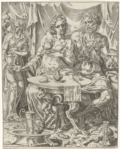 Judit en Holofernes genieten van een feestmaal door Dirck Volckertsz. Coornhert (attributed to)