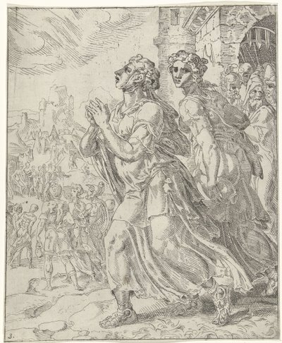 Judit en haar dienares verlaten Bethulië door Dirck Volckertsz. Coornhert (attributed to)