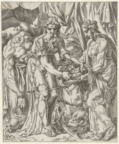Judit stopt het hoofd van Holofernes in een zak door Dirck Volckertsz. Coornhert (attributed to)