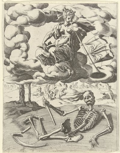 Roem overwint de dood (Triomfen van Petrarca) door Dirck Volckertsz. Coornhert (possibly)