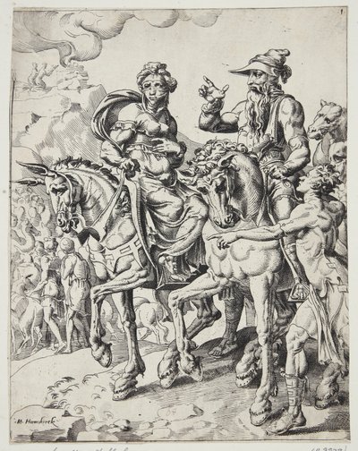 Abraham en Sarah gaan Egypte binnen door Dirck Volckertsz. Coornhert