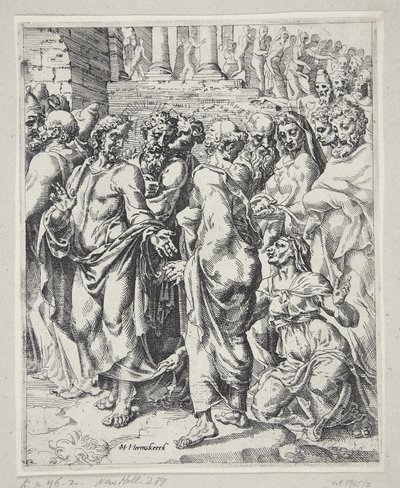 Christus en de vrouw die genezen werd van bloedvloeiing door Dirck Volckertsz. Coornhert