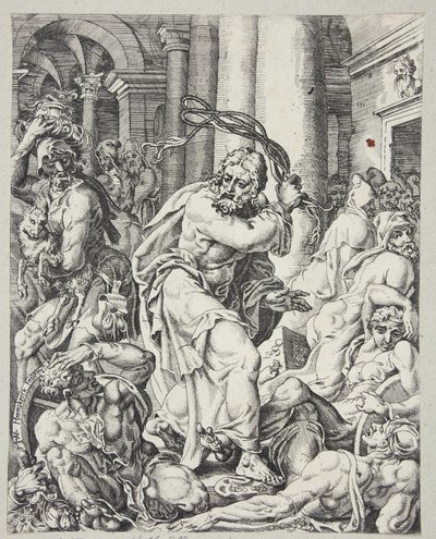 Christus verdrijft de geldwisselaars uit de tempel door Dirck Volckertsz. Coornhert