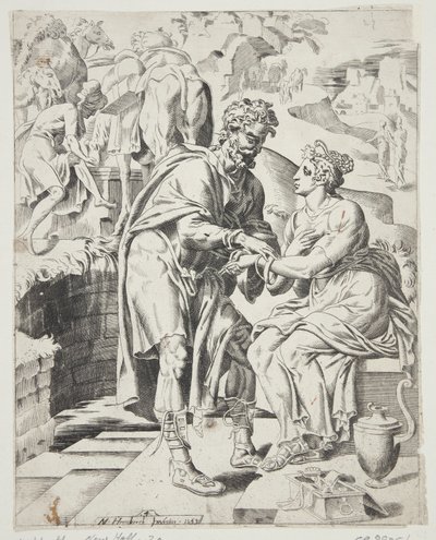 Elizier geeft Rebecca de armbanden door Dirck Volckertsz. Coornhert