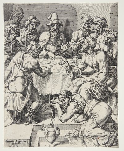 Maria Magdalena droogt de voeten van Christus in het huis van Simon de Farizeeër door Dirck Volckertsz. Coornhert